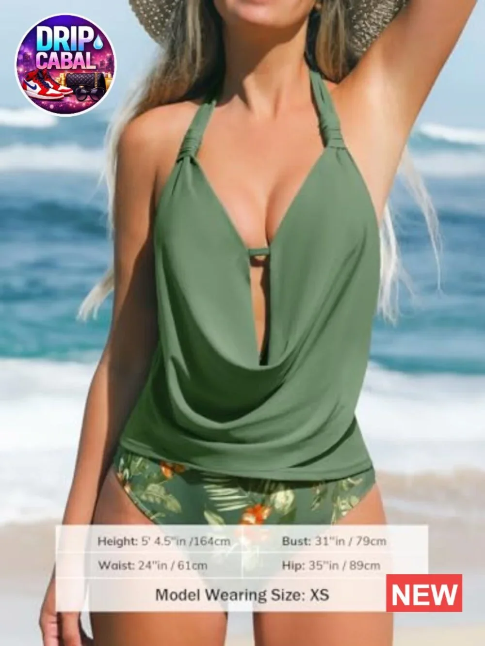 Halter Deep V Cowl Neck Tankini Bathing Suit with High Waist Bottom